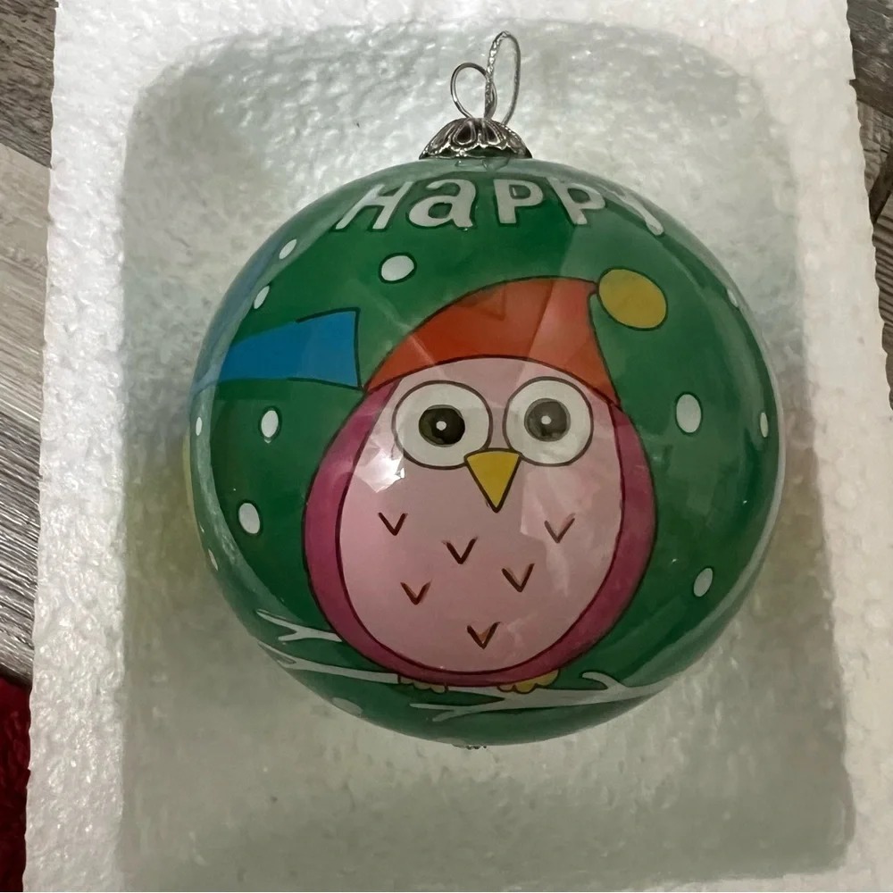 Pier 1 Imports Li Bien Glass HAPPY HOLIDAYS Owl Christmas Tree Ornament 2012